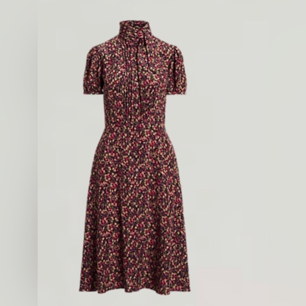 Lauren Ralph Lauren Floral Crepe puff sleeve Tie-Neck Shirtdress size 0 new‎